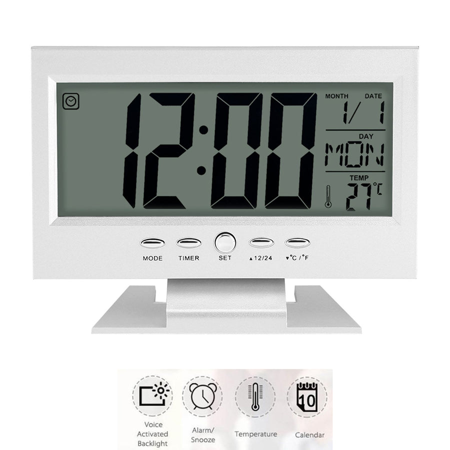 LCD Digital Sound Sensor Table Desk Alarm Clock with Calendar and Temp Display Silver