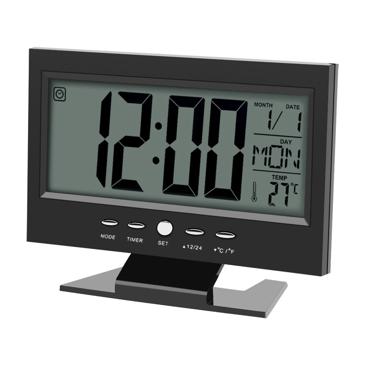 LCD Digital Sound Sensor Table Desk Alarm Clock with Calendar and Temp Display Black