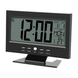 LCD Digital Sound Sensor Table Desk Alarm Clock with Calendar and Temp Display Black - Side View