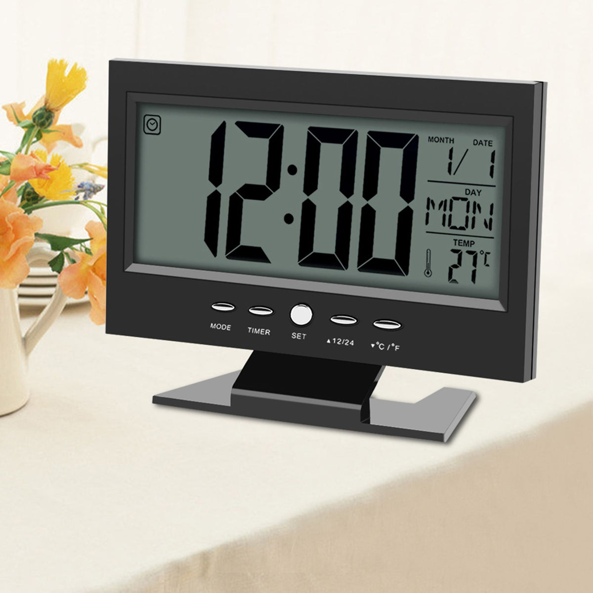 LCD Digital Sound Sensor Table Desk Alarm Clock with Calendar and Temp Display Black