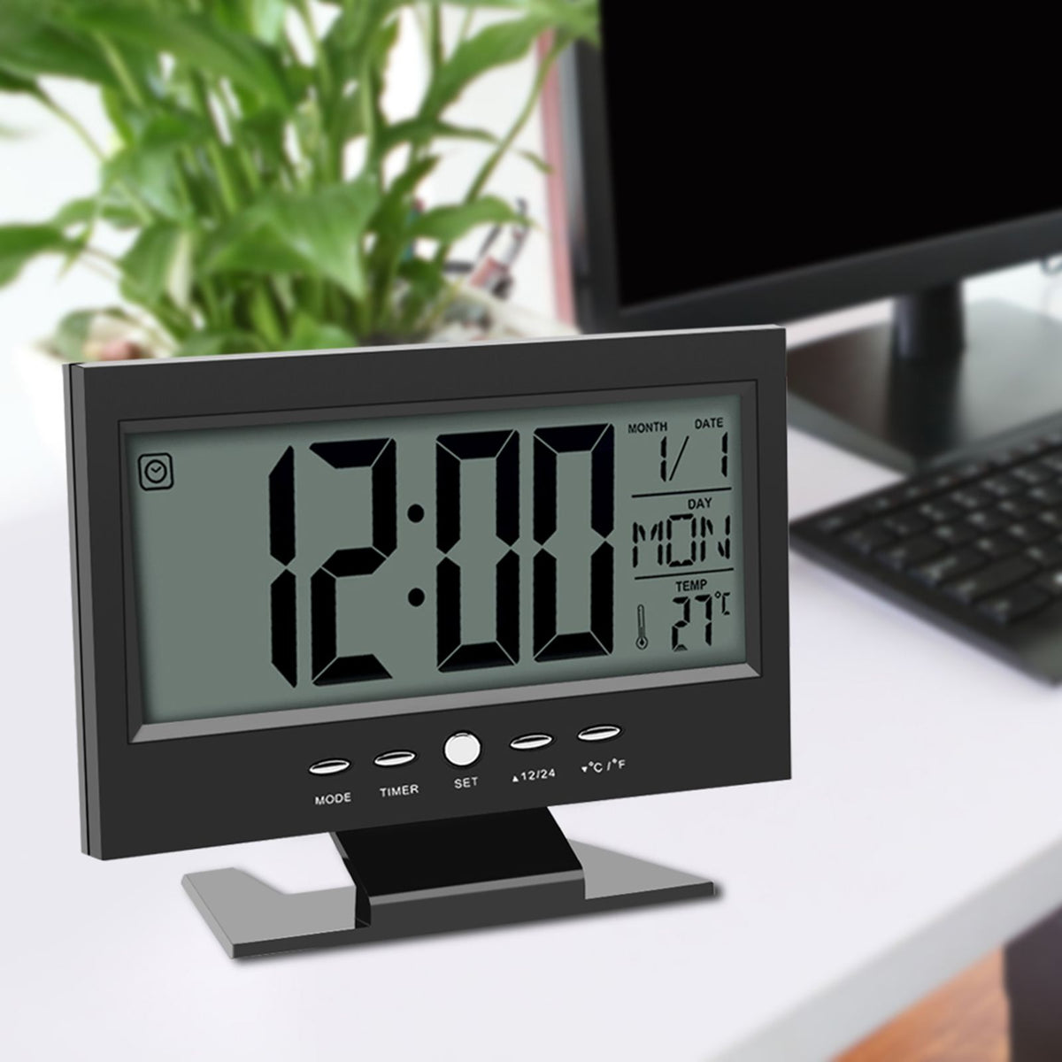 LCD Digital Sound Sensor Table Desk Alarm Clock with Calendar and Temp Display Black