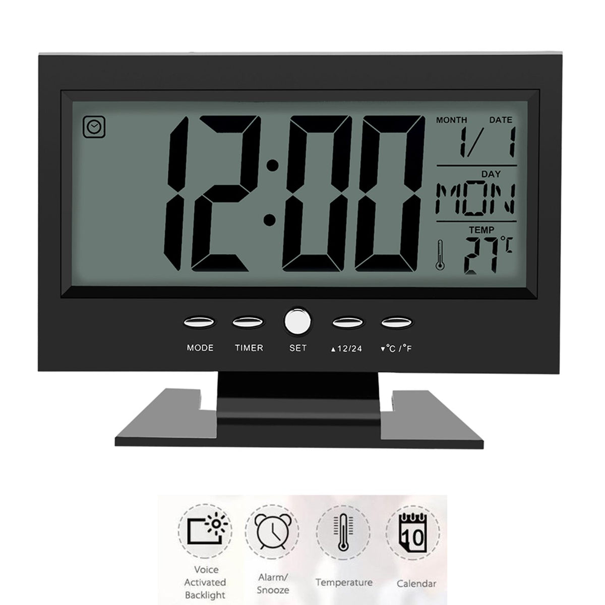 LCD Digital Sound Sensor Table Desk Alarm Clock with Calendar and Temp Display Black