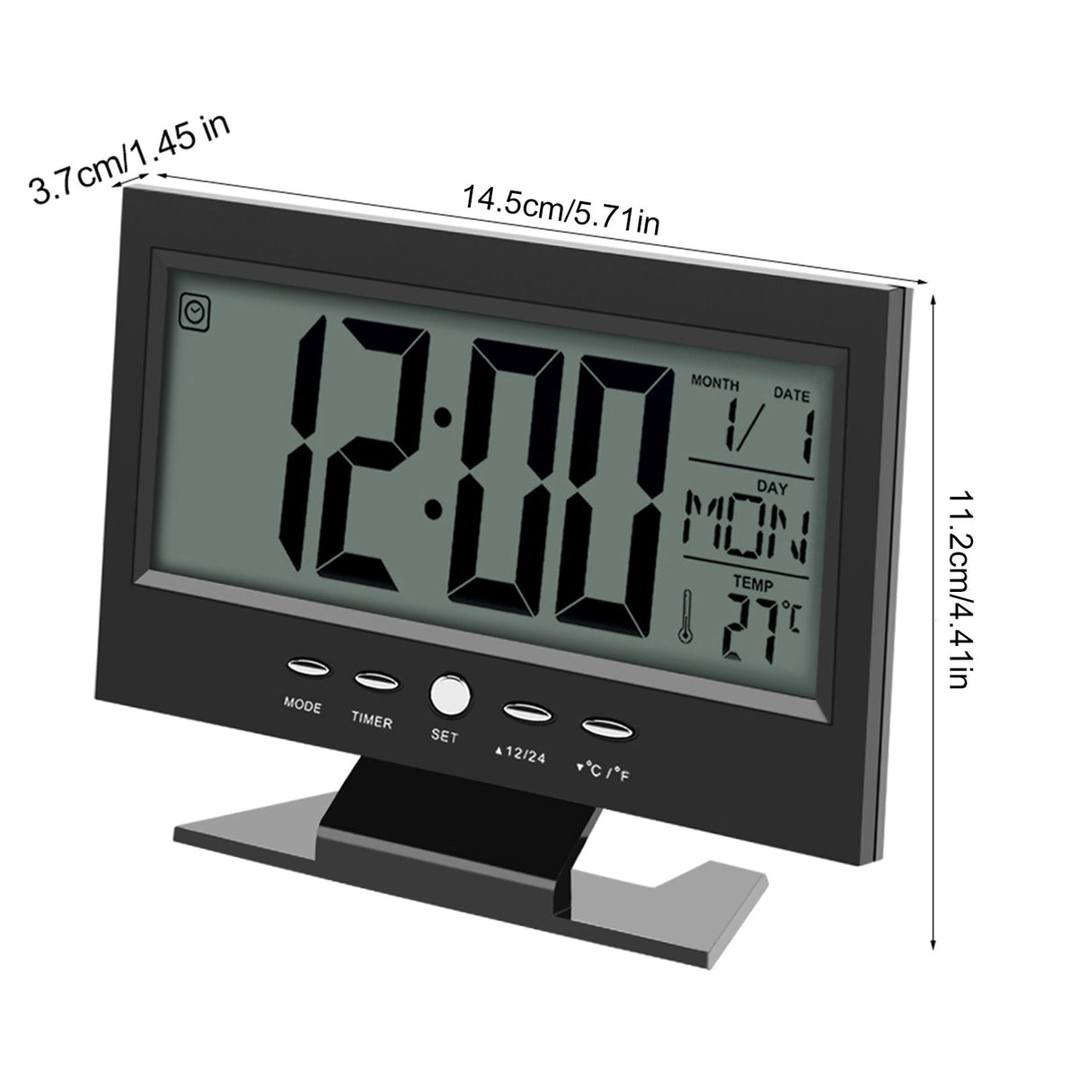 LCD Digital Sound Sensor Table Desk Alarm Clock with Calendar and Temp Display Black