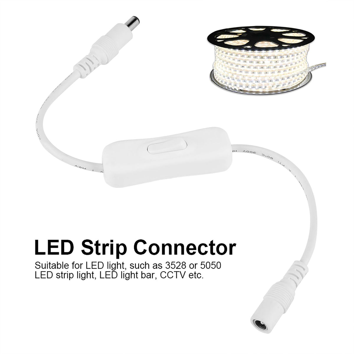 5Pcs 28.5cm DC Power Adapter Connector Inline with ON/OFF Switch for LED Strip Lights White
