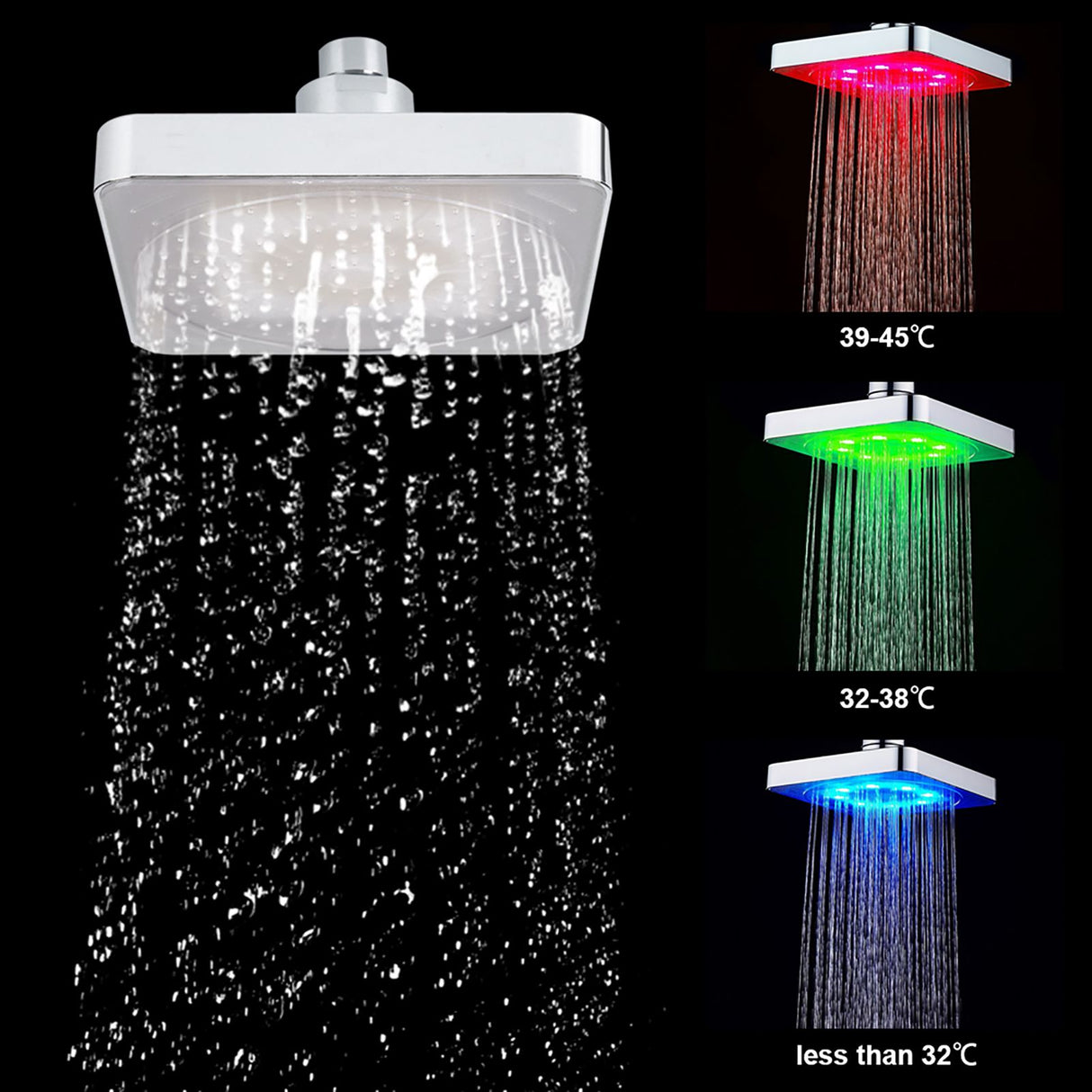 6 Inch Square Rain Shower Head LED Light 3 Color Changing Bathroom Sprinkler