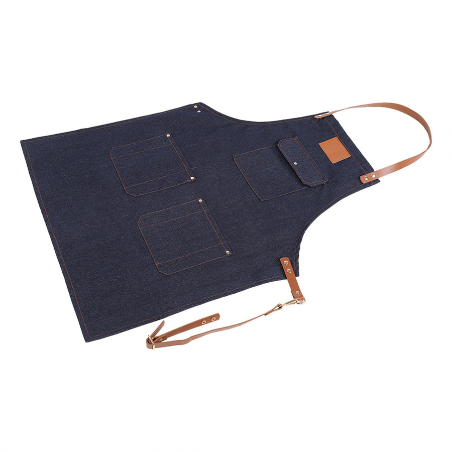 Denim Bib Apron Leather Strap Baker Bartender BBQ Chef Work Cook Uniform