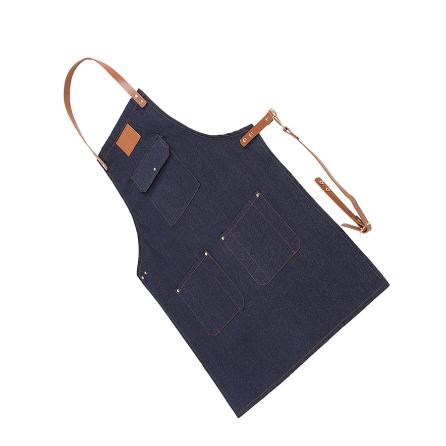 Denim Bib Apron Leather Strap Baker Bartender BBQ Chef Work Cook Uniform