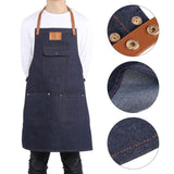 Denim Bib Apron Leather Strap Baker Bartender BBQ Chef Work Cook Uniform