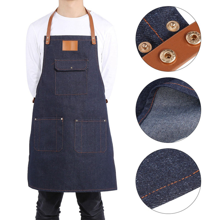 Denim Bib Apron Leather Strap Baker Bartender BBQ Chef Work Cook Uniform