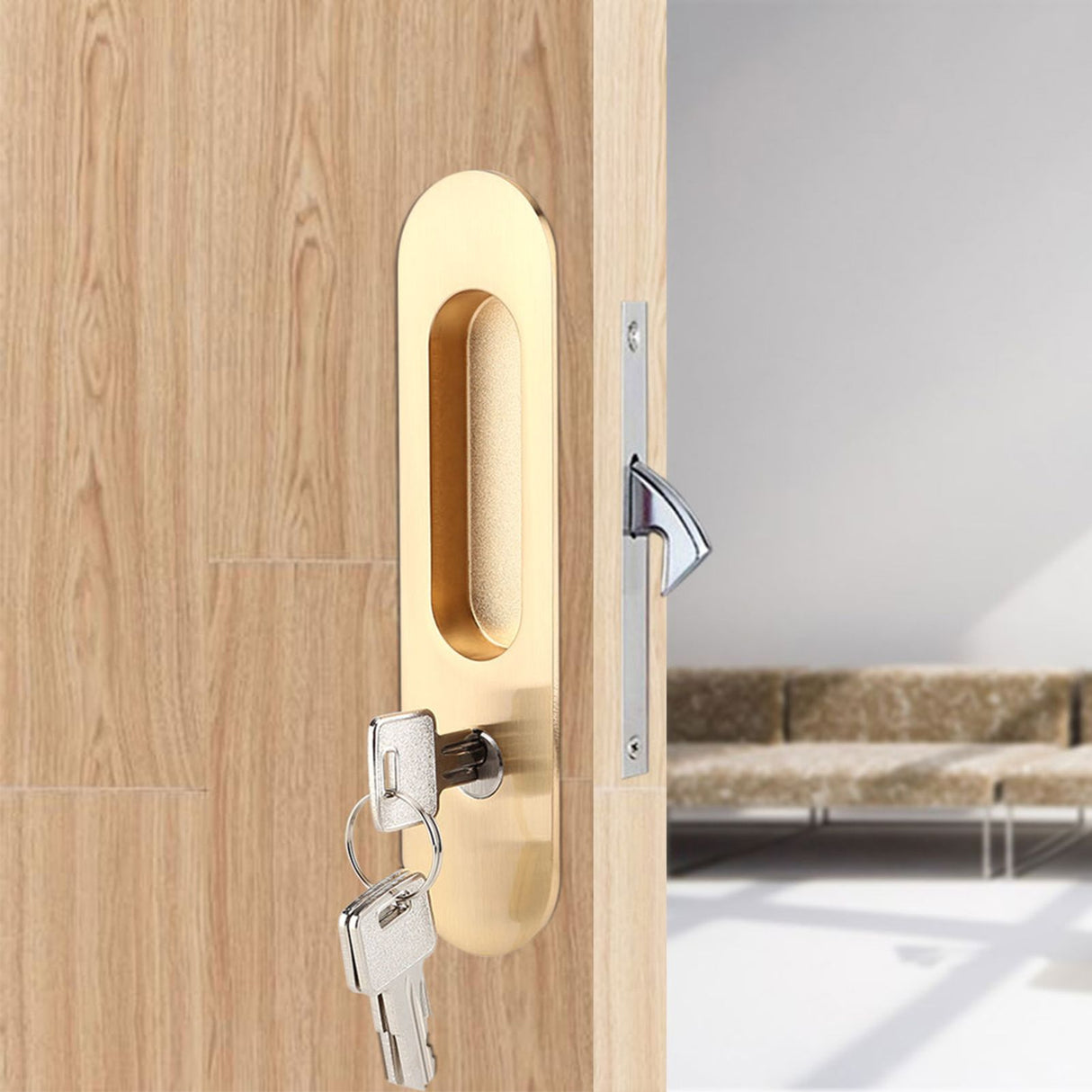 Sliding Door Lock Handle Anti theft with Keys for Barn Wood Furniture Hardware Gold