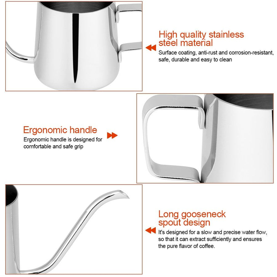 Stainless Steel Drip Coffee Pot Long Gooseneck Spout Kettle Cup Tea Tool (Silver 250mL)