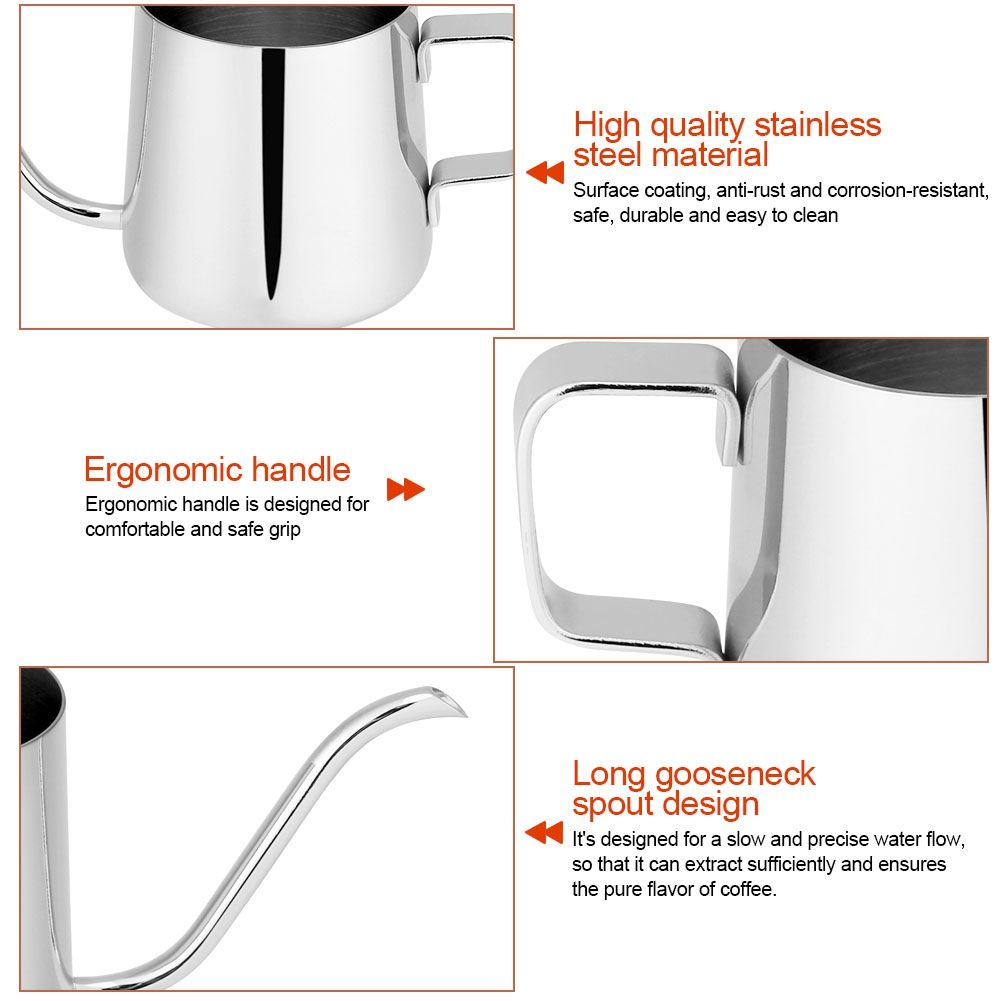 Stainless Steel Drip Coffee Pot Long Gooseneck Spout Kettle Cup Tea Tool (Silver 350mL)
