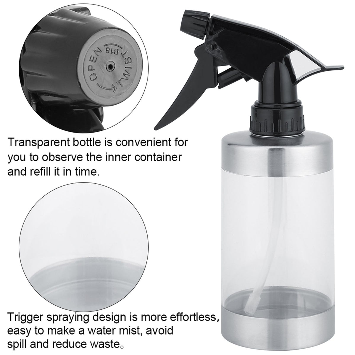 Stainless Steel&Acrylic Transparent Water Spray Bottle Trigger Sprinkle Plant Watering Can Pot