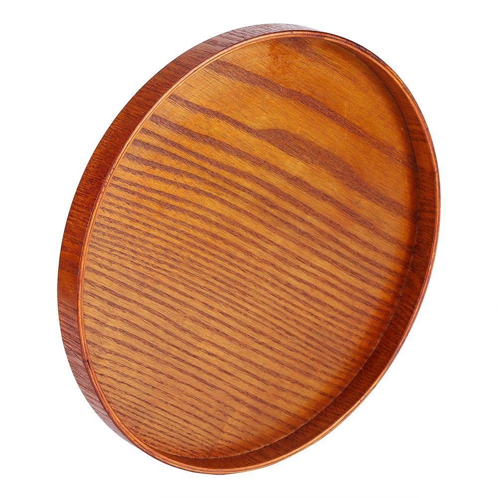 Round Natural Wood Serving Tray Wooden Plate Tea Food Server Dishes Water Drink Platter 24 cm