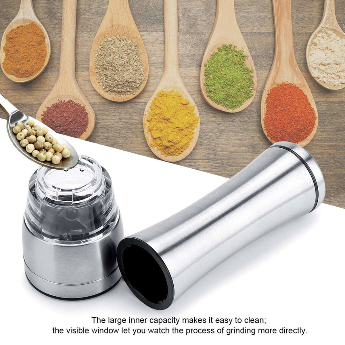 Stainless Steel & Acrylic Manual Salt & Pepper Mill Grinder Kitchen Cooking Tool