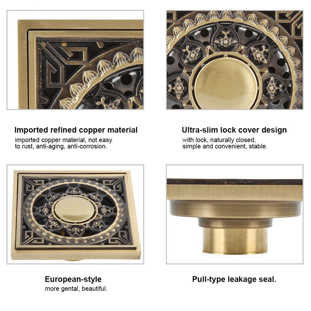 10 x 10 cm Solid Brass Gold Shower Drain Floor Drain Waste Drainer Bathroom Kitchen Balcony