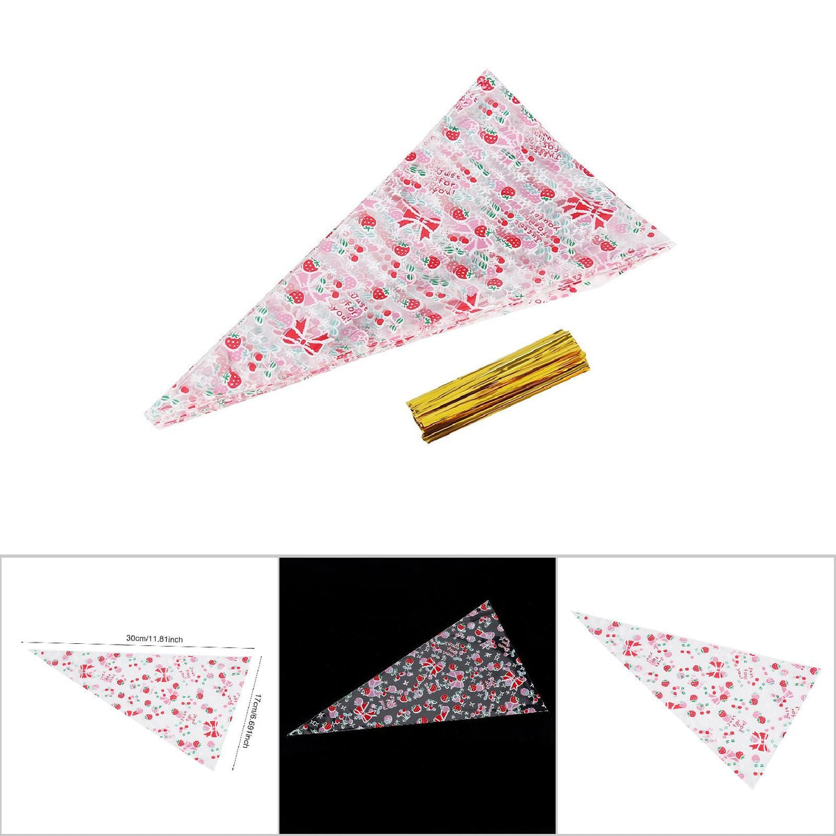 50 Clear Cone shaped Treat Popcorn Bags Treat Bags Cellophane Candy Bags with twist tie Cherry