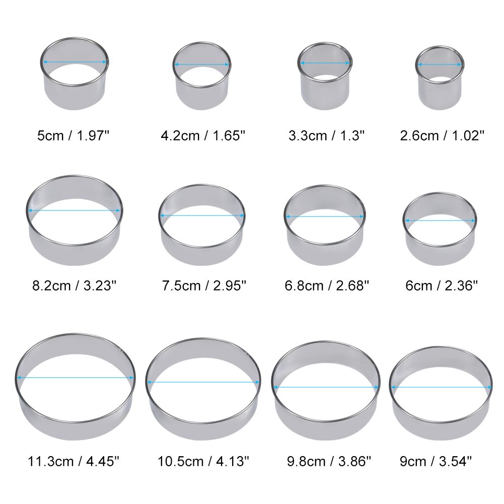 12 Pcs Stainless steel Round Cookie Biscuit Cutter Baking Metal Ring Molds for Dough Fondant Do