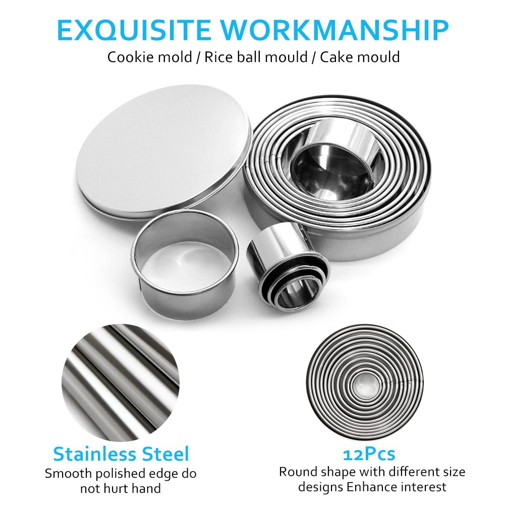 12 Pcs Stainless steel Round Cookie Biscuit Cutter Baking Metal Ring Molds for Dough Fondant Do