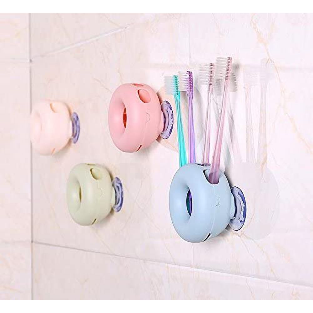Bathroom Wall Mount Strong Suction Cup Toothbrush Holder Organizer 4 Holes (Beige)
