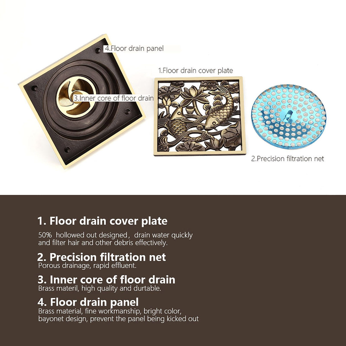 Antique Brass Square Floor Drain with Strainer Bathroom Washroom Drainage Clean Accessories