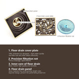 Antique Brass Square Floor Drain with Strainer Bathroom Washroom Drainage Clean Accessories