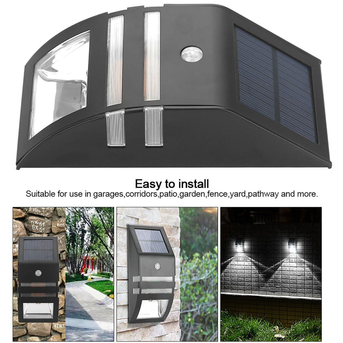 Solar Powered PIR Motion Sensor 2 LED Path Wall Light Garden Security Lamps Black Warm White