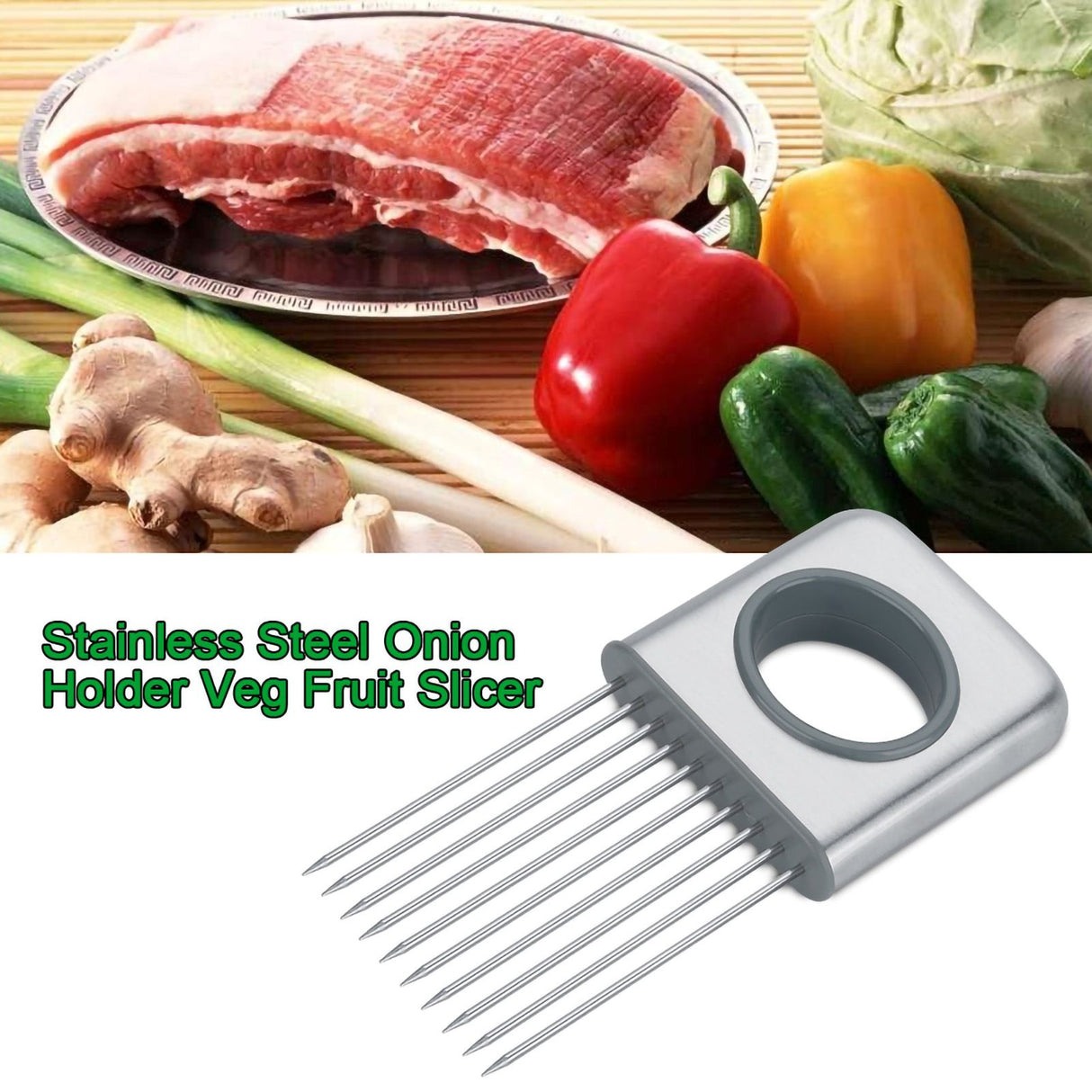 Stainless Steel Onion Holder Fruits Veg Meat Cutter Slicer Peeler Chopper with 10 Prongs