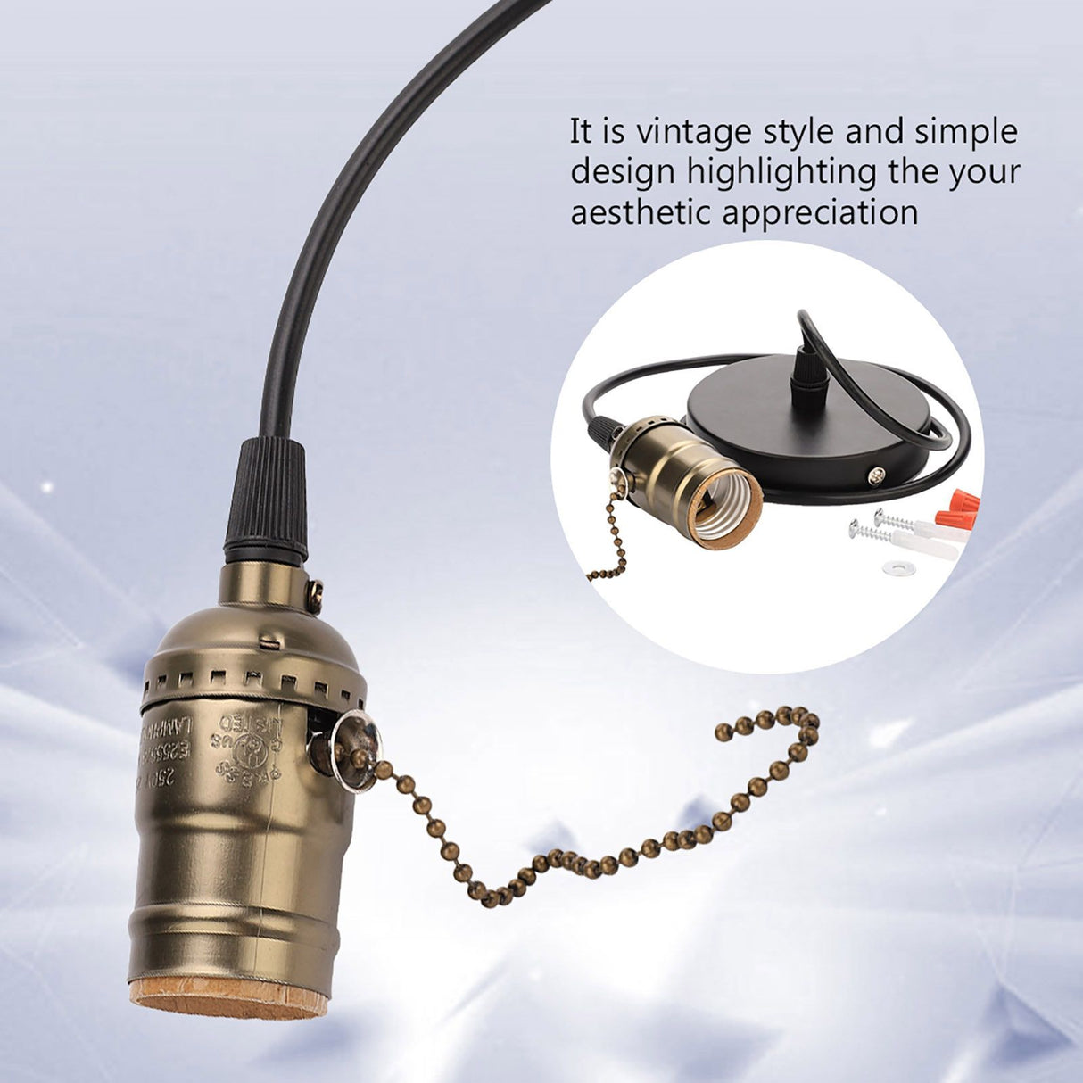 E27 Vintage Pendant Light Holder with Pull Chain Switch Lamp Base Ceiling Mounted (Bronze)