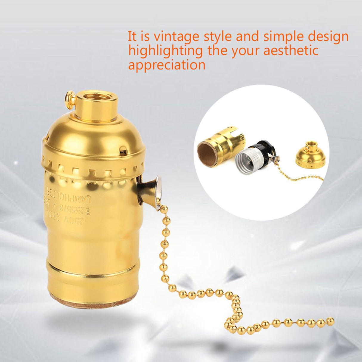 E27 Aluminum Vintage Light Socket with Pull Chain Desk Lamp Lighting Holder Screw Base (Golden)