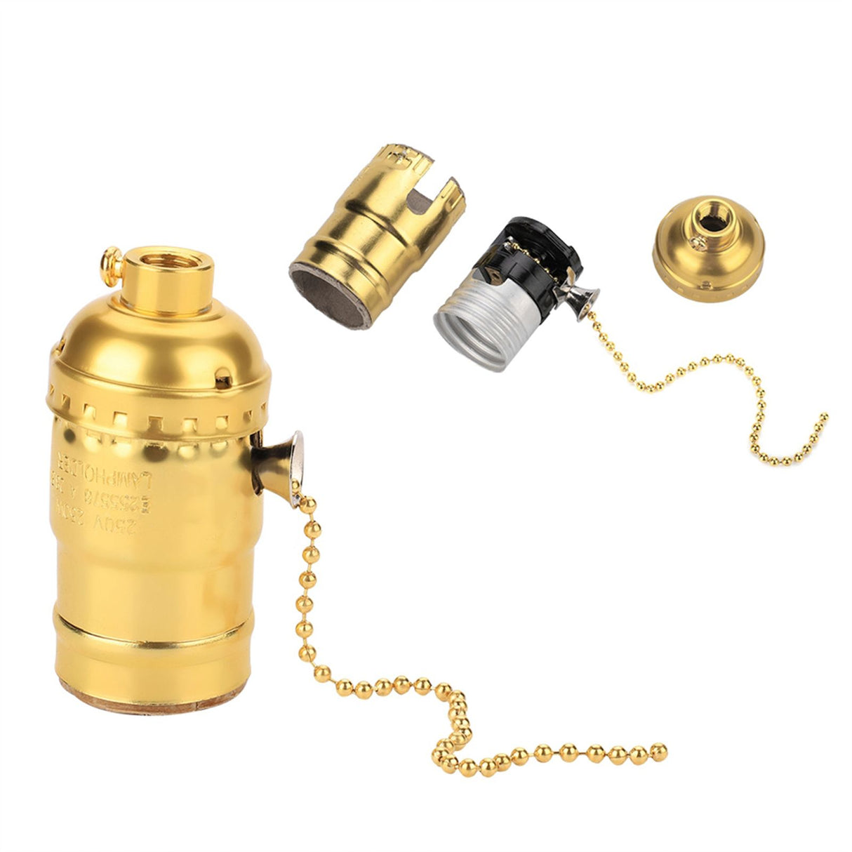 E27 Aluminum Vintage Light Socket with Pull Chain Desk Lamp Lighting Holder Screw Base (Golden)