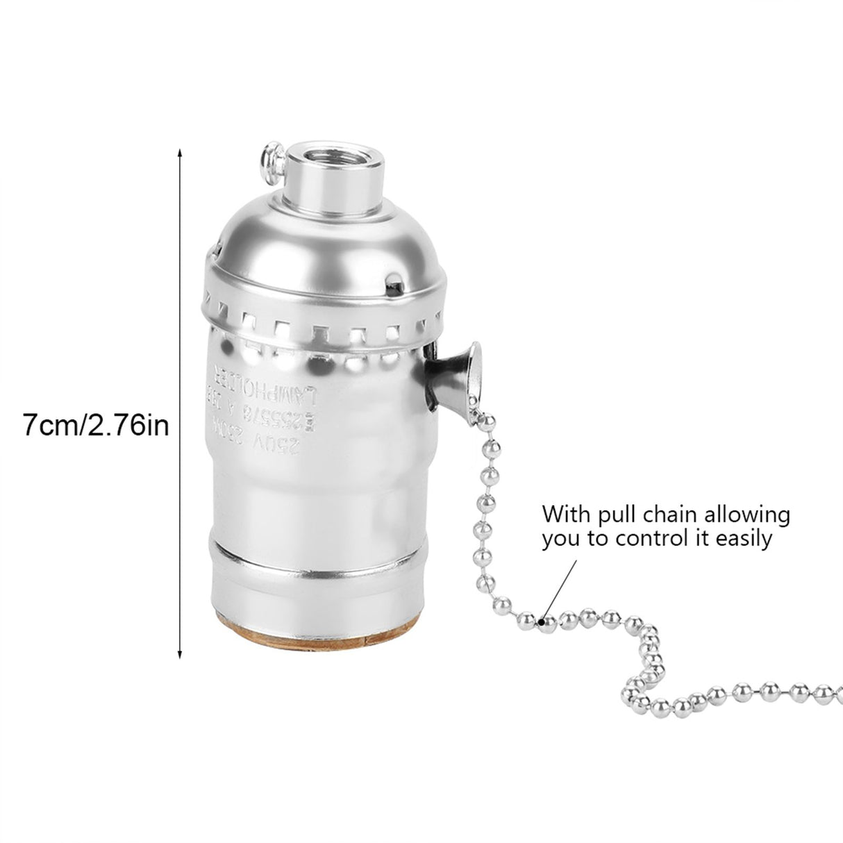 E27 Aluminum Vintage Light Socket with Pull Chain Desk Lamp Lighting Holder Screw Base (Silver)