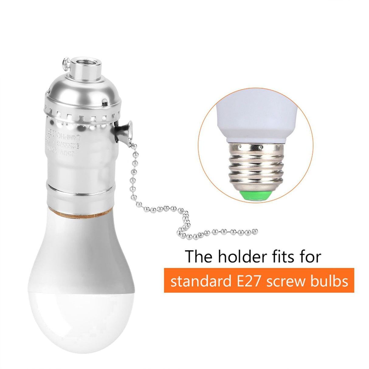 E27 Aluminum Vintage Light Socket with Pull Chain Desk Lamp Lighting Holder Screw Base (Silver)