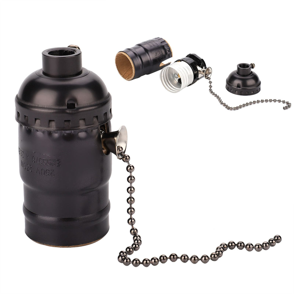 E27 Aluminum Vintage Light Socket with Pull Chain Desk Lamp Lighting Holder Screw Base (Black)