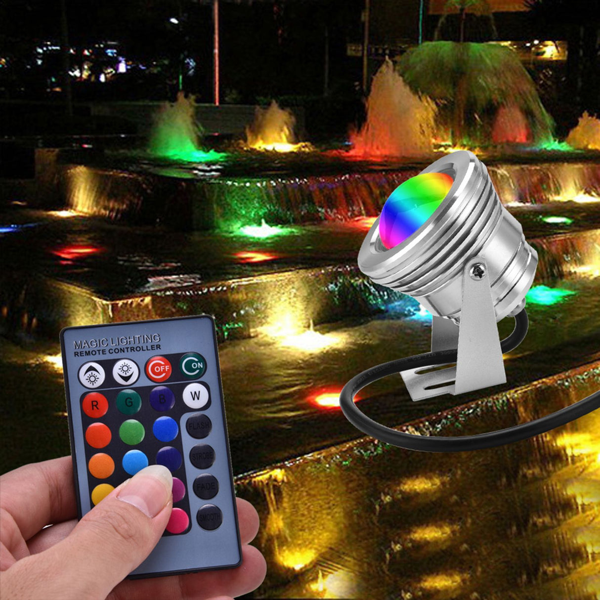 12V 10W RGB Waterproof Aquarium LED Spotlight Lamp for Fish Tank Pool Garden Underwater Silver