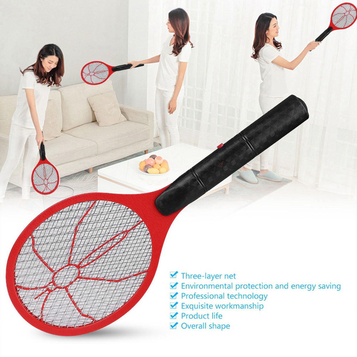 Cordless Battery Power Electric Fly Mosquito Swatter Bug Zapper Racket Insects Killer Red