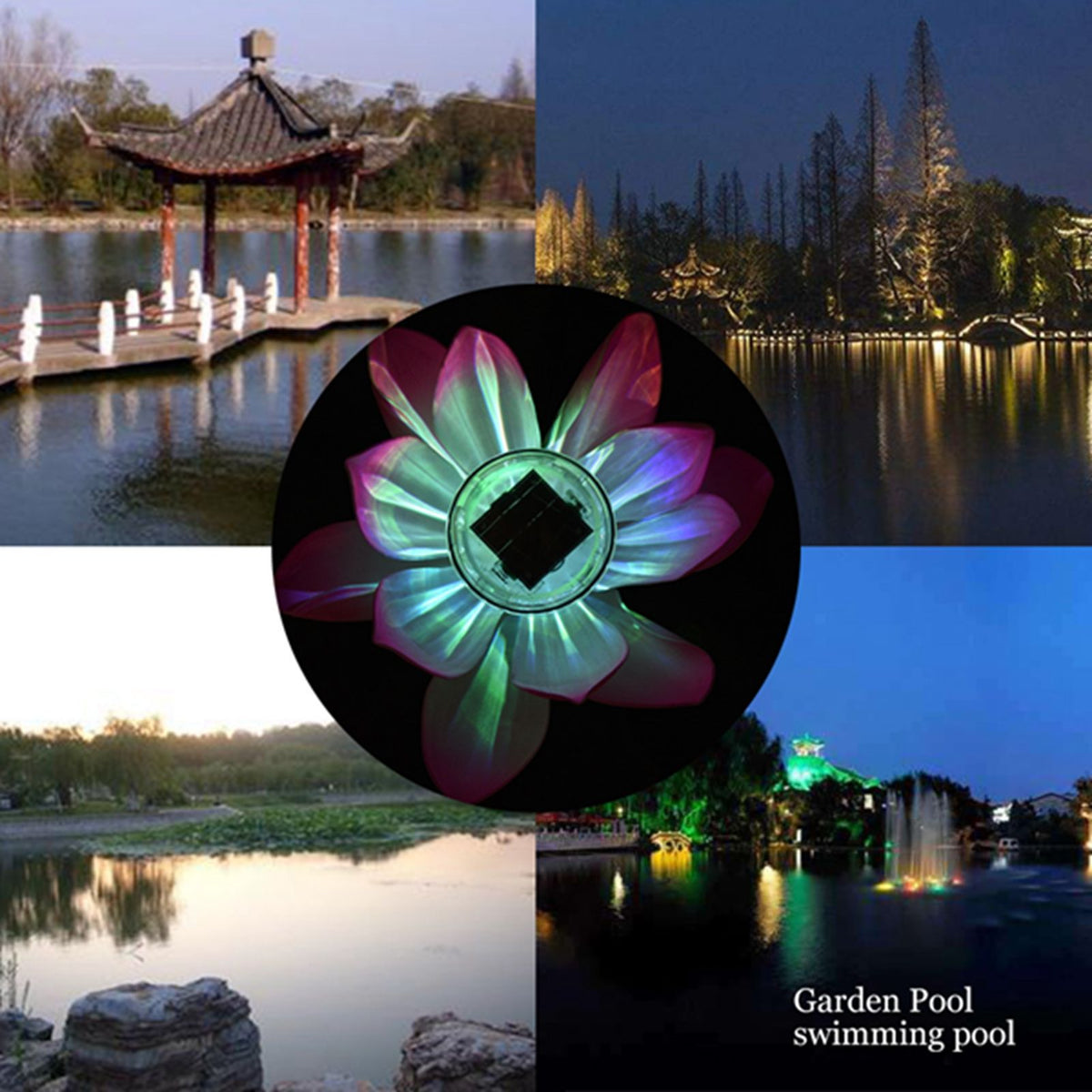 Waterproof Solar Power LED Color Changing Lotus Flower Floating Lamp Garden Colorful Pink