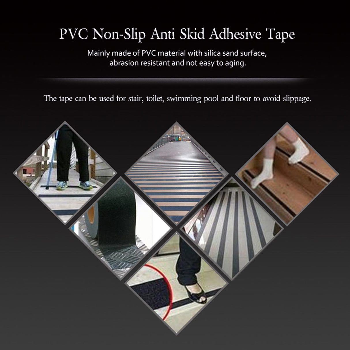 5M*5cm PVC NOn Slip Anti Skid Adhesive Tape for Stair Step Floor Safety Decoration (Black)