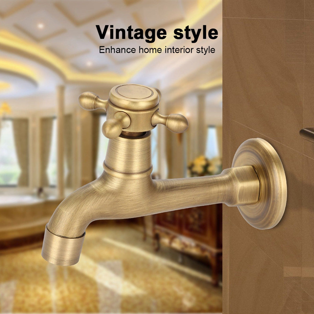 Wall Mounted Vintage Solid Brass Faucet Single Cold Water Tape for Kitchen Sink Mop Pool (Long)