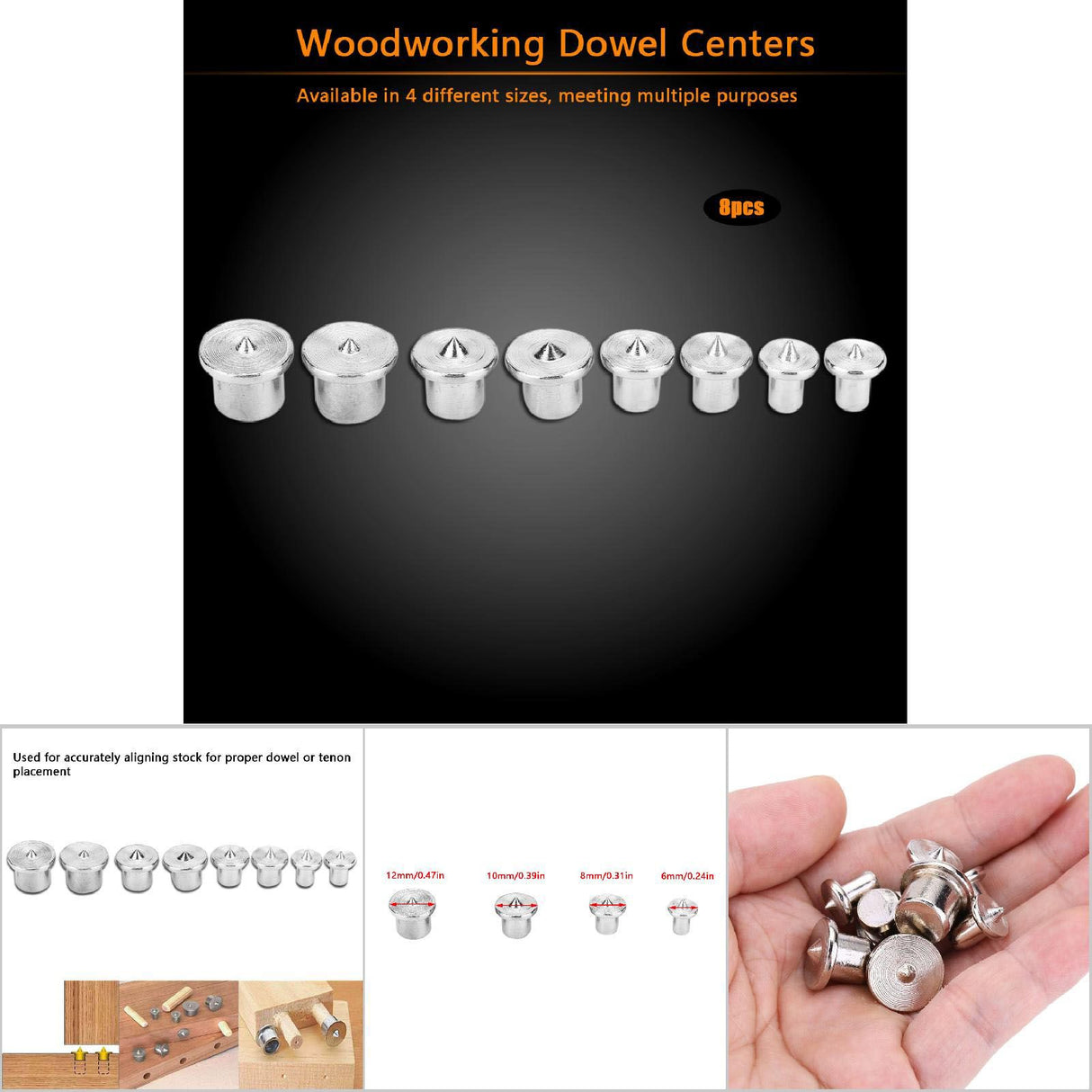 8pcs Woodworking Dowel Centers Tenon Alignment Tool Points Marker 6/8/10/12mm (Solid)