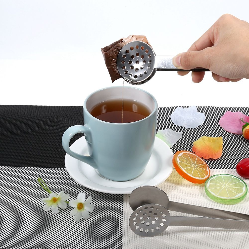 2pcs Kitchen Craft Tool Stainless Steel Round Tea Bag Tongs Squeezer Holder Grip