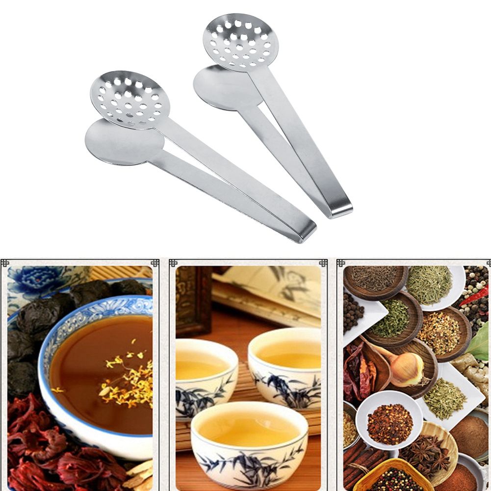 2pcs Kitchen Craft Tool Stainless Steel Round Tea Bag Tongs Squeezer Holder Grip