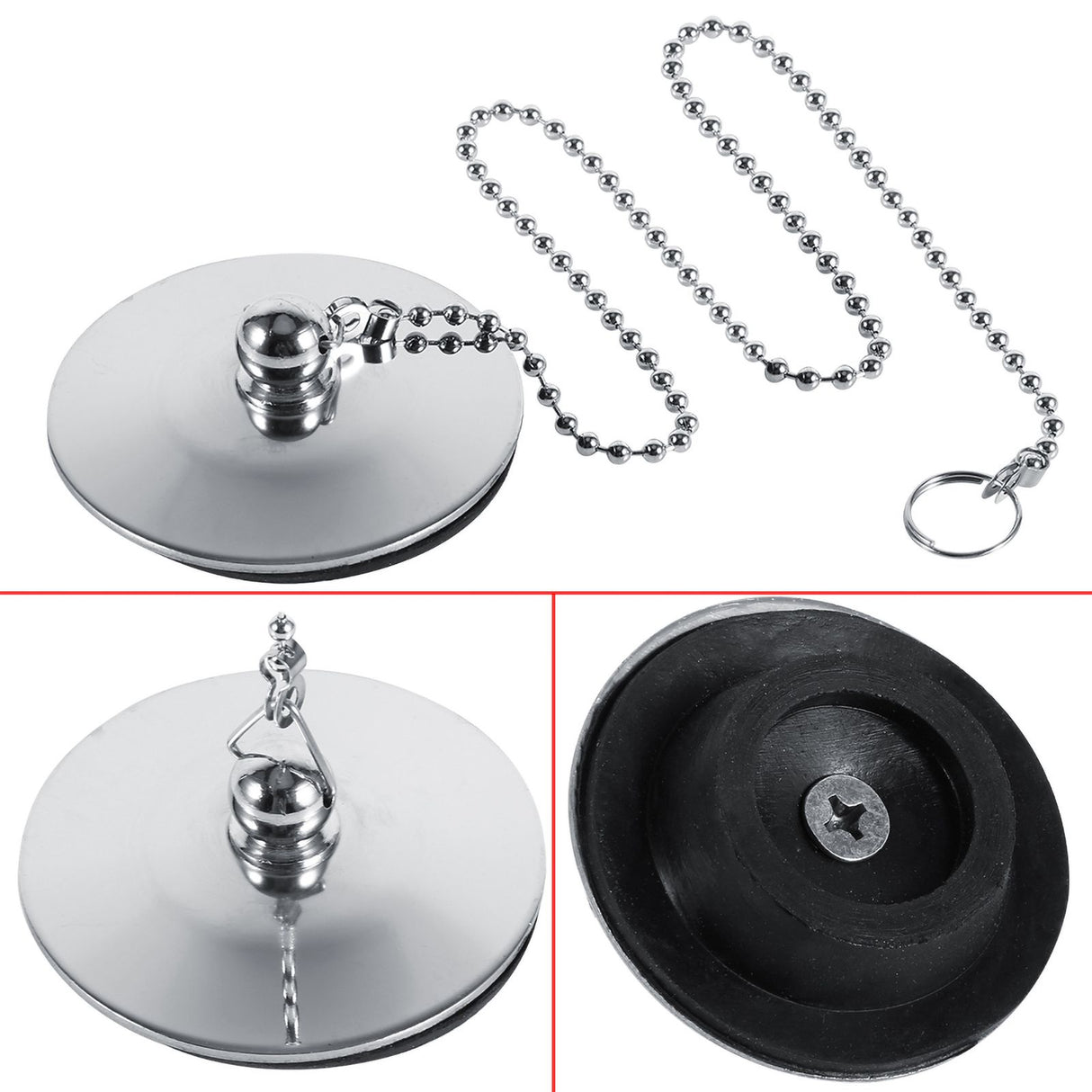 Chrome Kitchen Sink Bathroom Bathtub Drain Cover Stopper Solid Metal Waste Plug With Chain