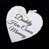 Vintage Love Heart Shape Daddy Here Comes Mummy Wedding Party Wooden Hanging Sign Plaque Gift - Front View
