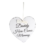 Vintage Love Heart Shape Daddy Here Comes Mummy Wedding Party Wooden Hanging Sign Plaque Gift - 45-Degree Angle