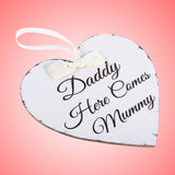 Vintage Love Heart Shape Daddy Here Comes Mummy Wedding Party Wooden Hanging Sign Plaque Gift - Low Angle