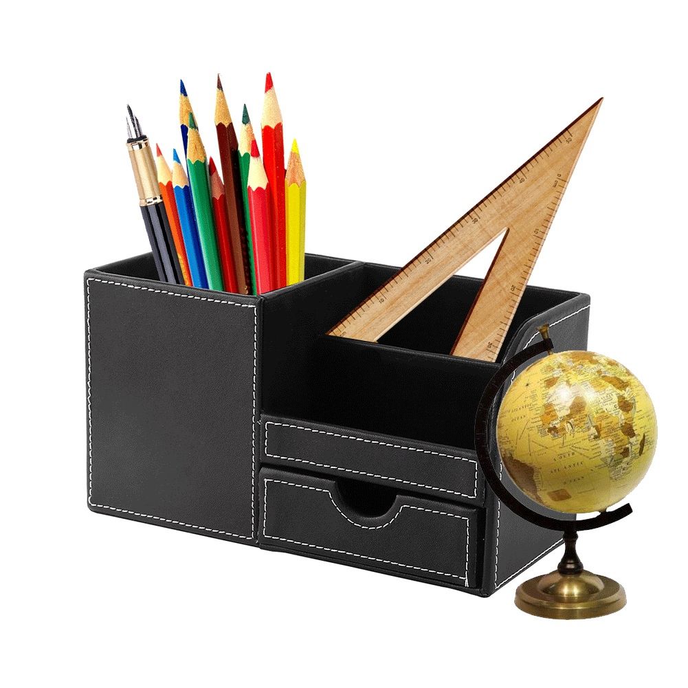 1Pc Wooden Leather Multifunction Desk Stationery Organizer Storage Box Pen Pencil Holder Case
