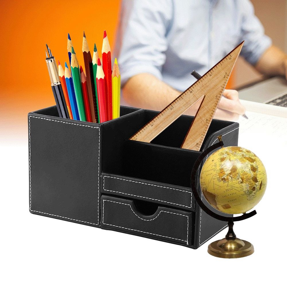 1Pc Wooden Leather Multifunction Desk Stationery Organizer Storage Box Pen Pencil Holder Case