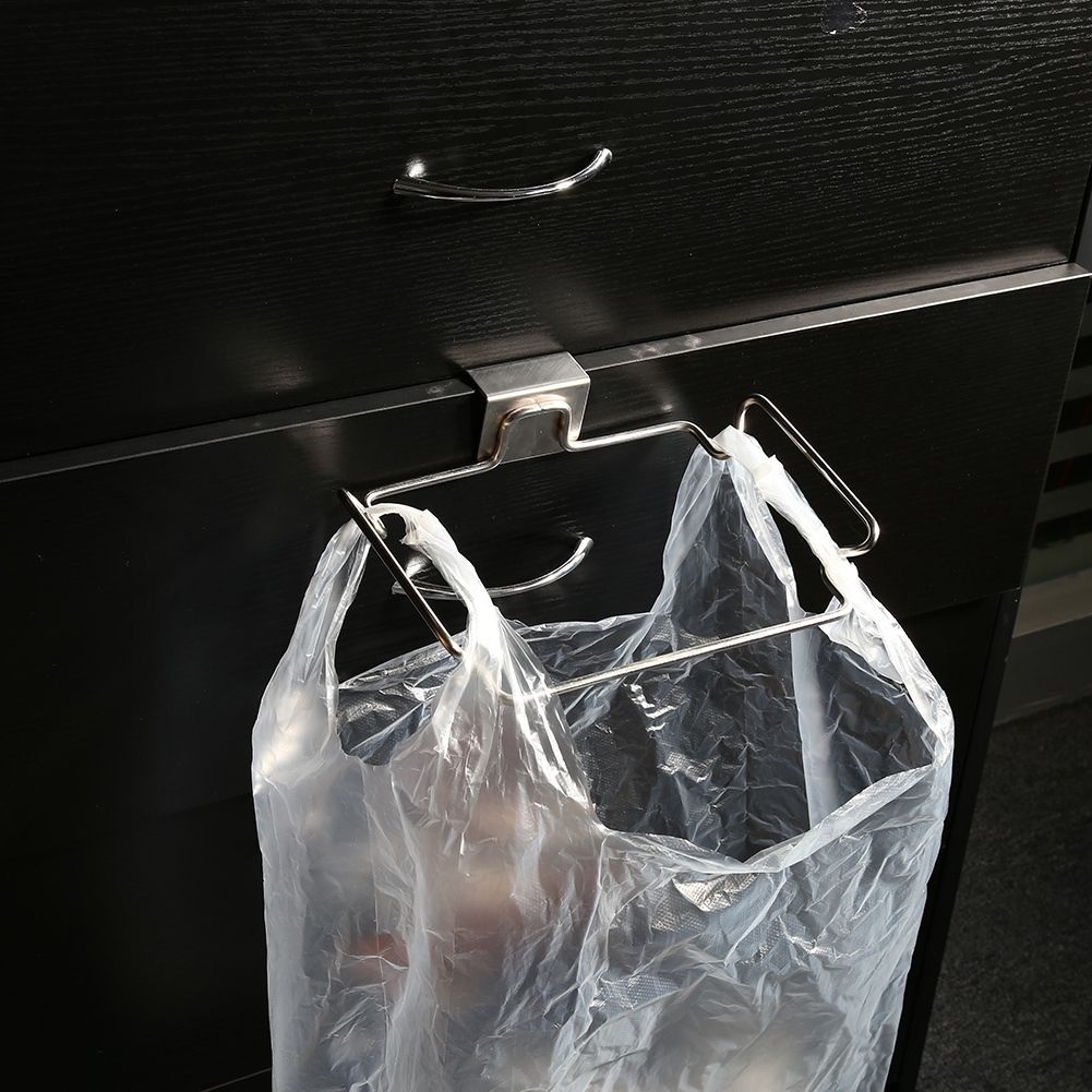 Creative Back Door Stainless Steel Trash Bag Hanging Rack Shelf Storage Hook Kitchen Cabinet
