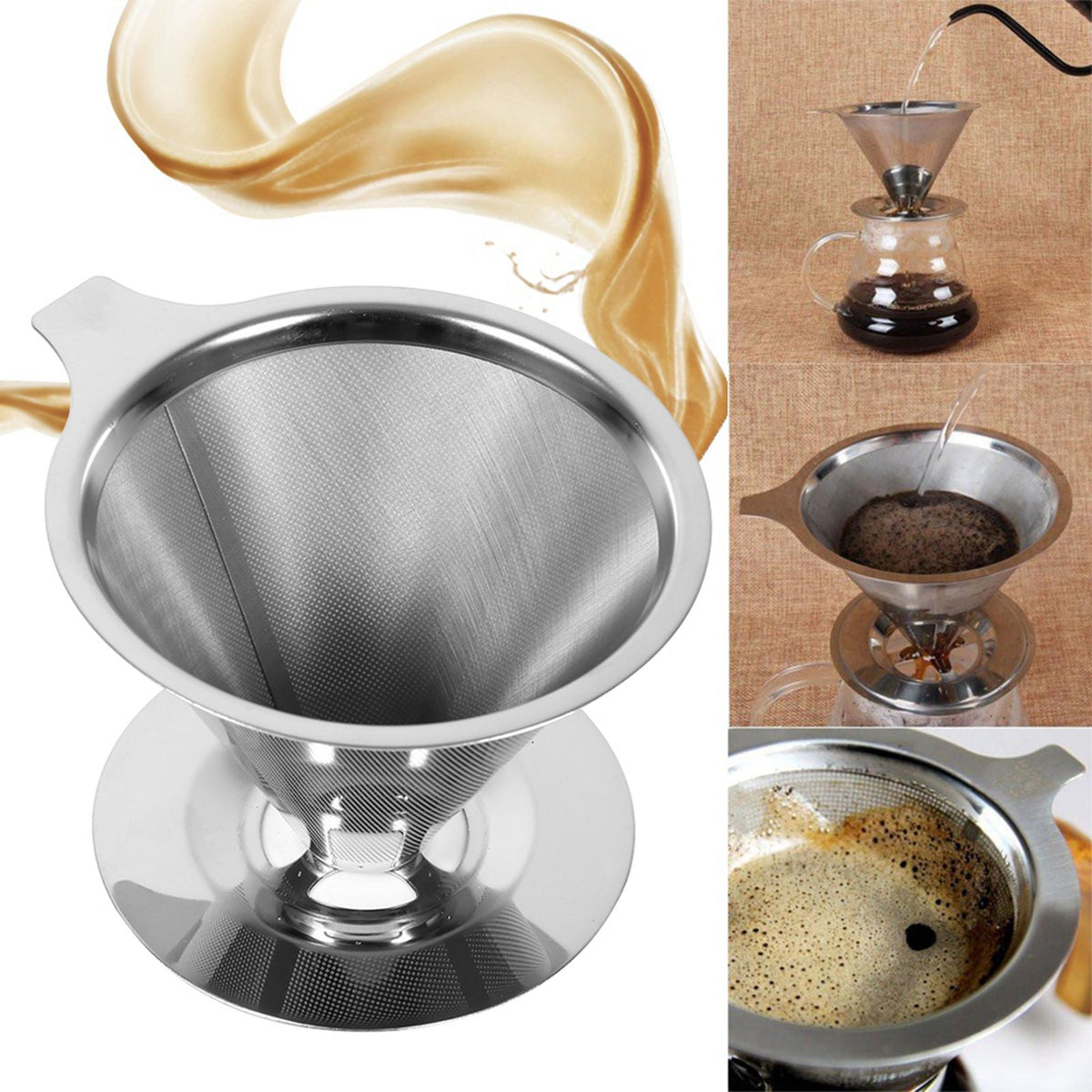 1Pc Stainless Steel Pour Over Coffee Dripper Double Layer Mesh Filter Cup Stand Home Office Use